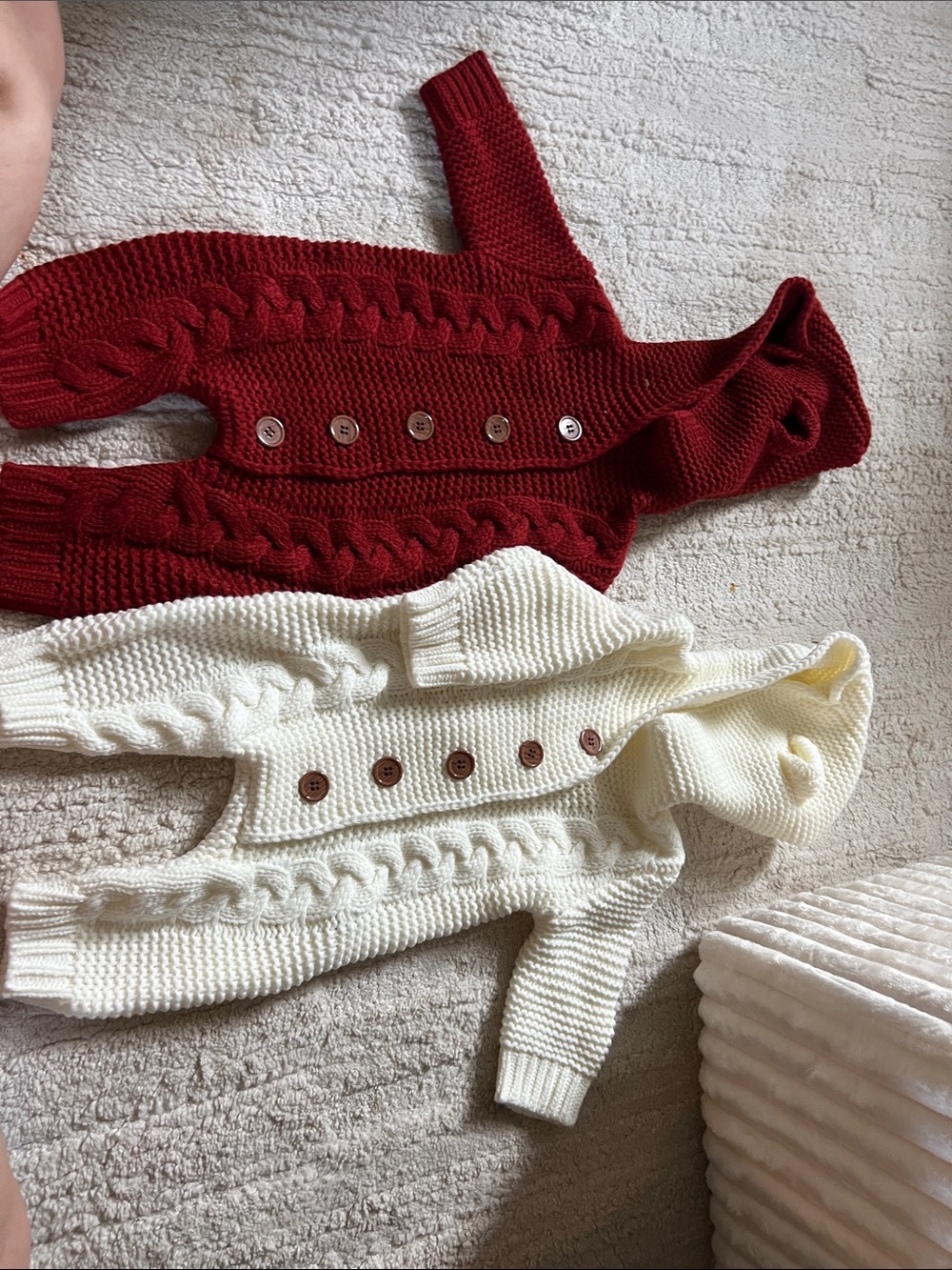 Cable-Knit Hooded Baby Sweater in Red and Cream